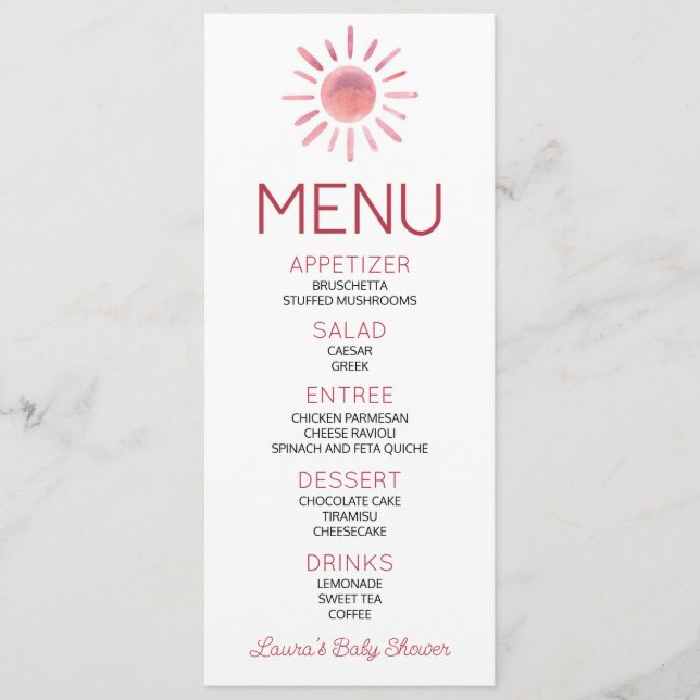 Menu de Comida do Boho Bohemian Pink Sun (Frente)