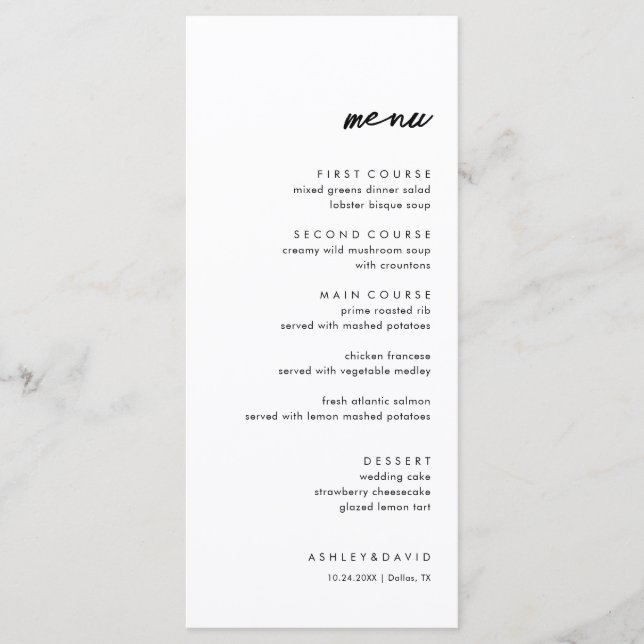 Menu de Convidado de Casamento Minimalista e Simpl (Frente)