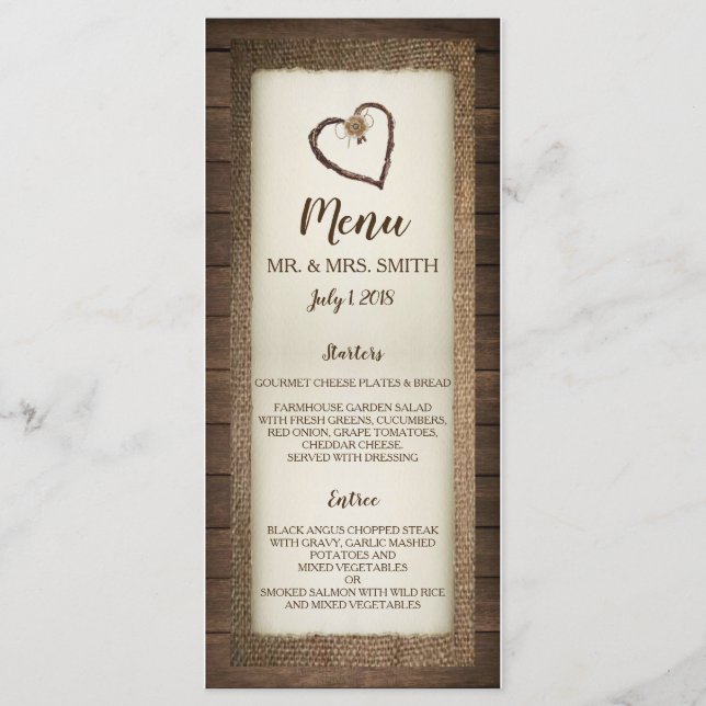 Menu de Convite para Casamento de Madeira, Burlap  (Frente)