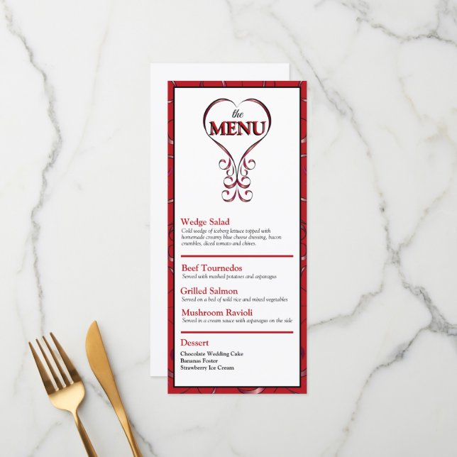 Menu de Coração Vermelho Elegante e Plano (Frente/Verso In Situ)
