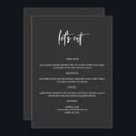 Menu de Ecrã de Vamos preto moderno Edgy 5 x 7"<br><div class="desc">Este menu apresenta uma fonte de pincel escrita à mão e um design moderno. Edite com facilidade o texto *maioria* para atender às suas necessidades. Este cardápio faz a adição perfeita ao seu chá de fraldas contemporâneo, moderno ou boêmico, chá de panela, casamento, aposentadoria ou qualquer outro evento! Este menu...</div>