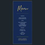 Menu de Festa de aniversário de Letra Moderna Dour<br><div class="desc">Esta placa de menu moderna apresenta um script faux gold push e um layout simples em um fundo azul marinho. Esta placa de menu adicionará detalhes de na moda à decoração da festa de aniversário. Você pode personalizar o texto e usá-lo para qualquer janto. O convite e os suprimentos de...</div>