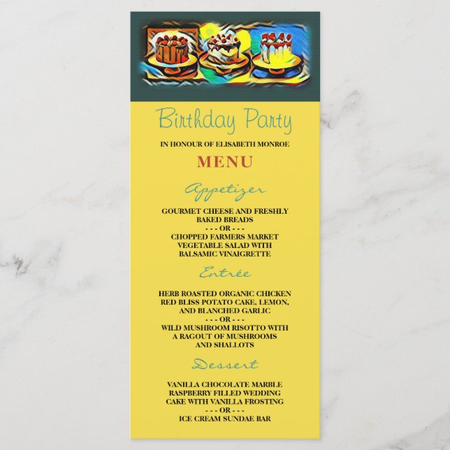 Menu de Festa de aniversário do Bake Art Jazz (Frente)