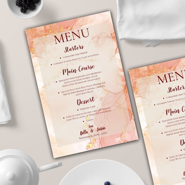 Menu de Festa de casamento Dourada do Marble Peach (Pretty Orange Peach Gold Marble Wedding Party Menu)