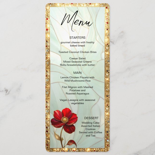 Menu de Flor Vermelha de Vidro Pintado com Acentos (Frente)