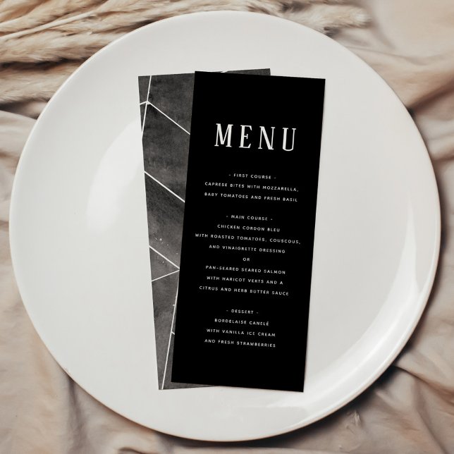 Menu de Gala Geométrico com Aquarela Preta (Black Watercolor Geometric Gala Menu)