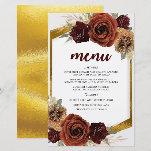 Menu de Grama Floral Floral com Folhagem Dourada (Frente/Verso)