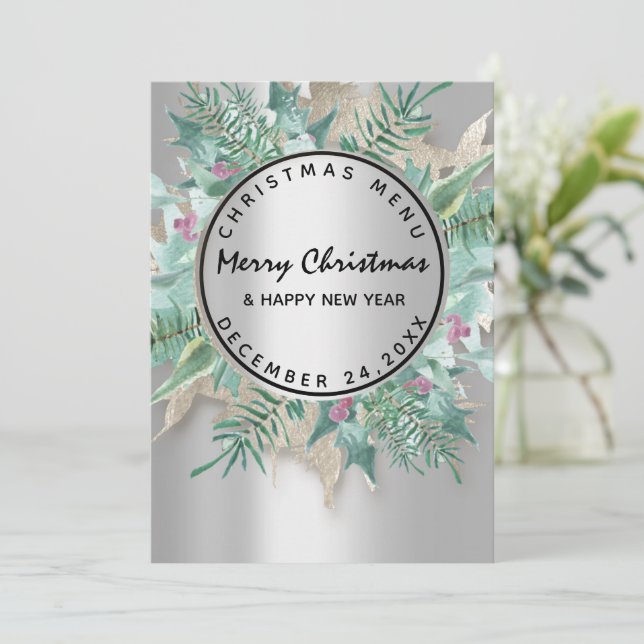 Menu de Inverno de Natal Floral Prata (Em pé/Frente)