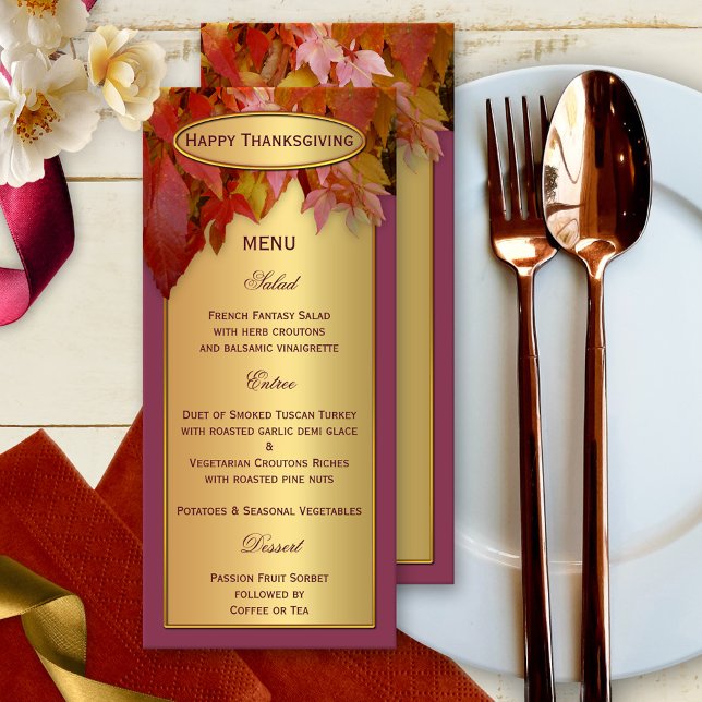 Menu de Janta de Ação de Graças de Folhas Douradas (Elegant autumn dinner menu template card featuring a gold printed design with colorful fall leaves)