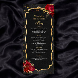 Menu de Jantar de Aniversário Preto, Vermelho e Do