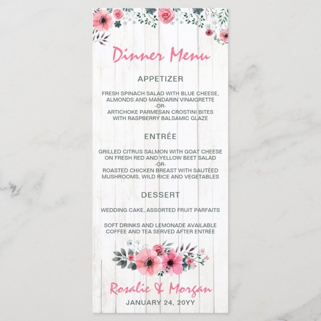 Menu de Jantar de Casamento Country Floral em Made (Frente)