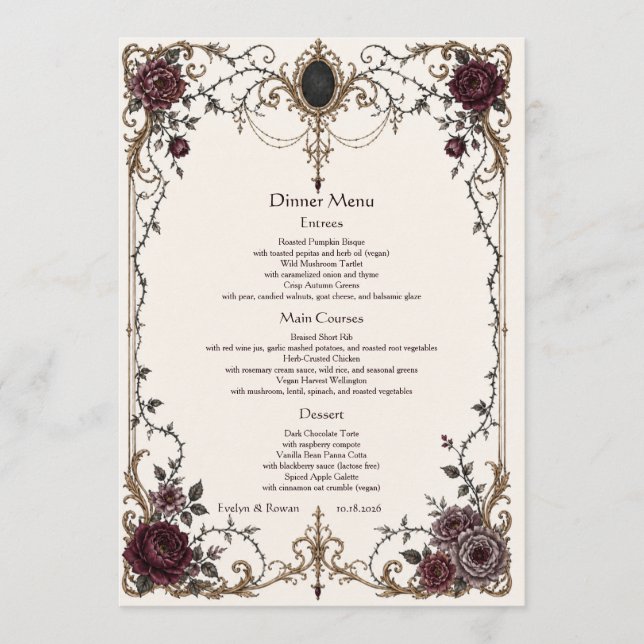 Menu de Jantar de Casamento Floral Gótico Vitorian (Frente)