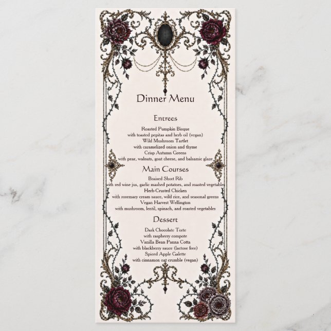 Menu de Jantar de Casamento Floral Gótico Vitorian (Frente)
