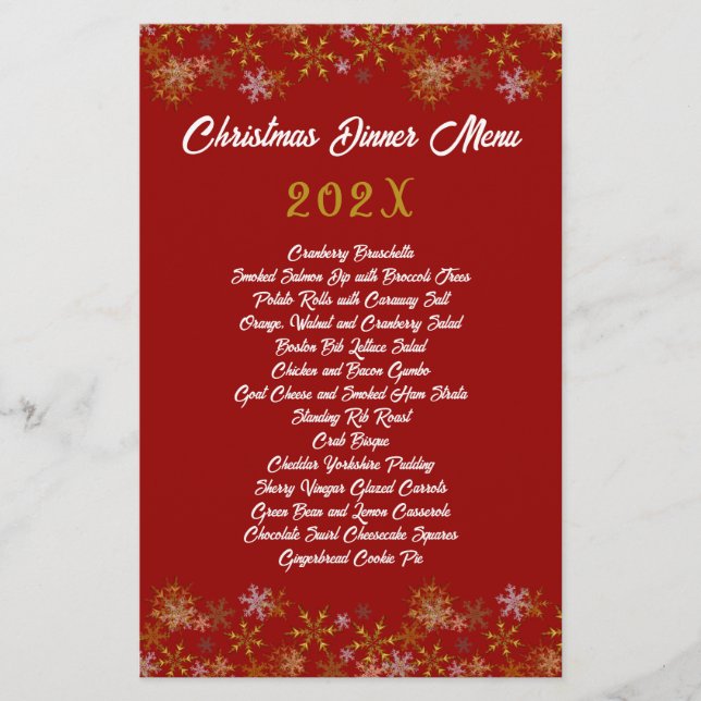 Menu de Jantar de Natal Flocos de Neve Dourados Ve (Frente)