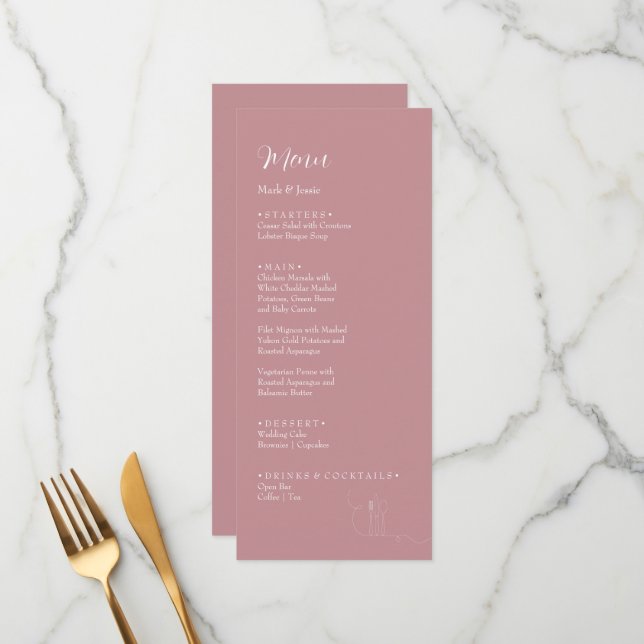 Menu de Jantar de Noivado Rosa e Branco Simples RO (Frente/Verso In Situ)