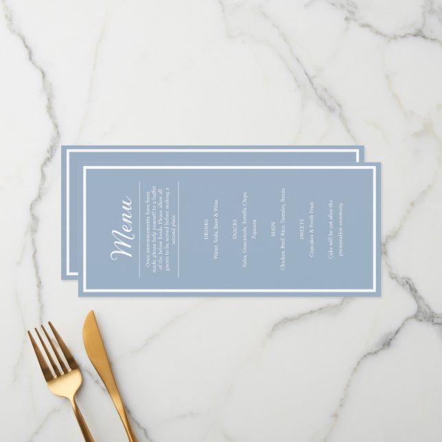 Menu de Jantar de Recepção de Casamento Azul Elega (Frente/Verso In Situ)