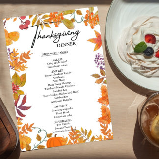 Menu de Janto de Ação de Graças da Abóbora