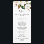 Menu de Janto de Casamento Branco e Blush da Magno<br><div class="desc">Este elegante cartão de janto de casamento branco e esbranquiçado de magnólia é perfeito para um casamento clássico moderno. O design floral suave apresenta coloração aquosa, cor-de-rosa pincelada, impressionantes flores brancas de magnólia e algodão, com ouro e folhas verdes, num arranjo luxuoso. Este menu pode ser usado para recepção de...</div>