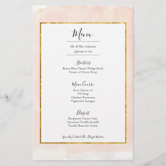 Menu de Janto de Casamento com Cor de Água Rosa-Do (Frente)