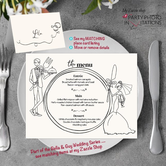 Menu de Janto de Casamento de casal desenhado à mã (Bella and Guy Hand drawn series Menu Landscape)