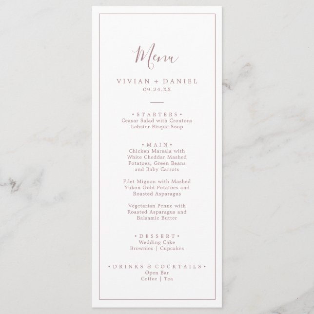 Menu de Janto de casamento Dourado Rosa minimalist (Frente)