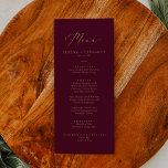 Menu de Janto de Casamentos Dourados e Borgonhosos<br><div class="desc">Este delicado cartão de janto de casamento de ouro e burgundy é perfeito para um casamento moderno. A design romântica minimalista apresenta uma magnífica e elegante tipografia amarela ouro champanhe num fundo vermelho burgundy com um aspecto simples e limpo. Este menu pode ser usado para recepção de casamento, janto de...</div>