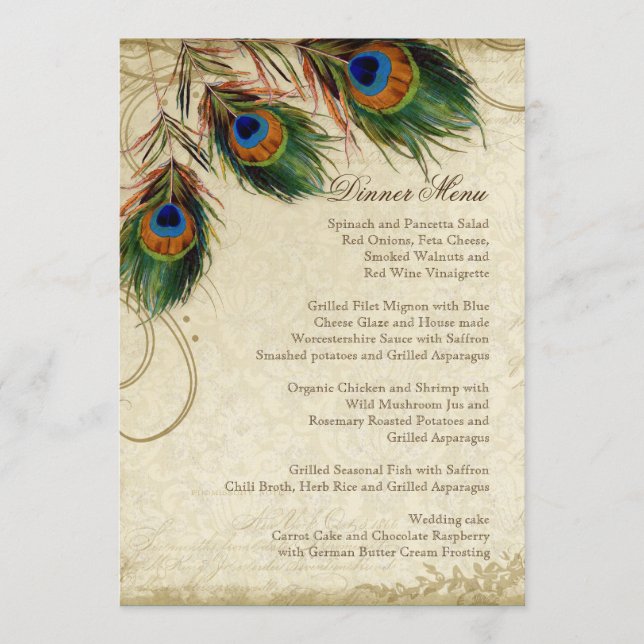 Menu de Janto de Correspondência Elegante de Pavão (Frente)