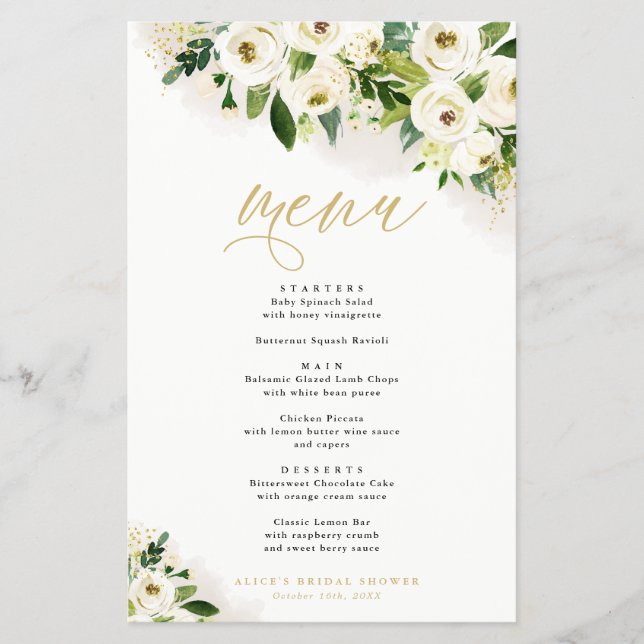 Menu de Janto de eventos planos branco e Dourado (Frente)