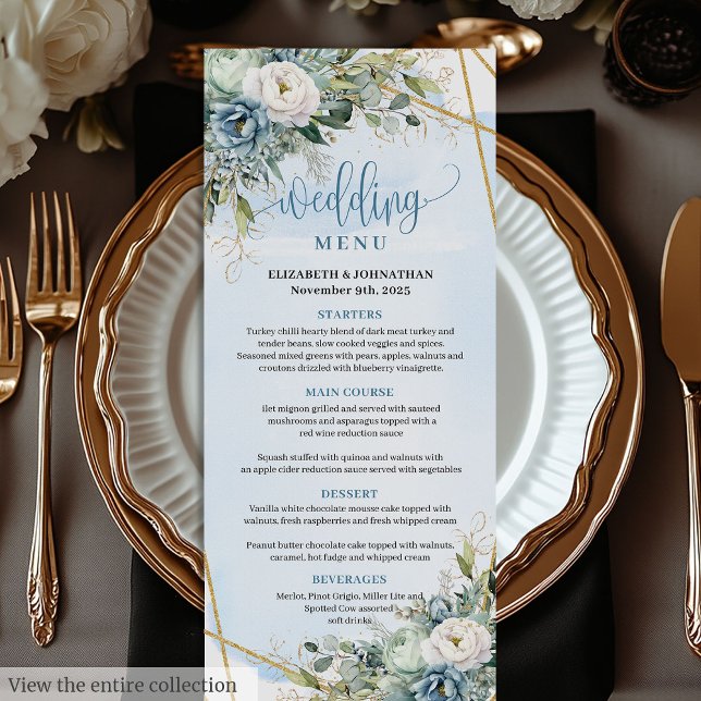 Menu de Janto de quadros Dourados do Boho Pastel B (Boho Pastel Blue Peonies Gold Frame Dinner Menu

)