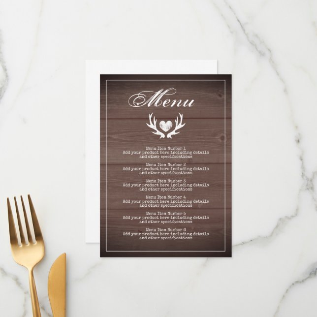 Menu de janto de recepção de casamento de madeira  (Frente/Verso In Situ)
