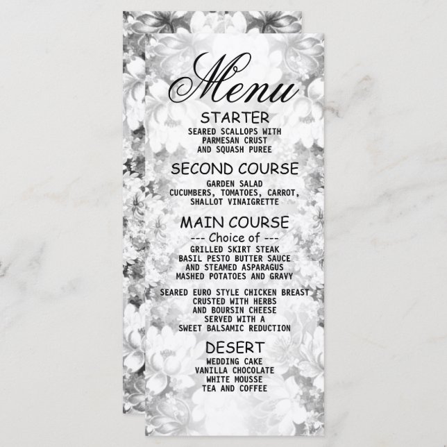 Menu de Janto Elegante Floral da festa de casament (Frente/Verso)