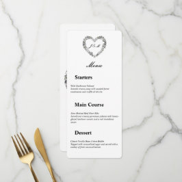 Menu de mariage en noir et blanc cœur floral