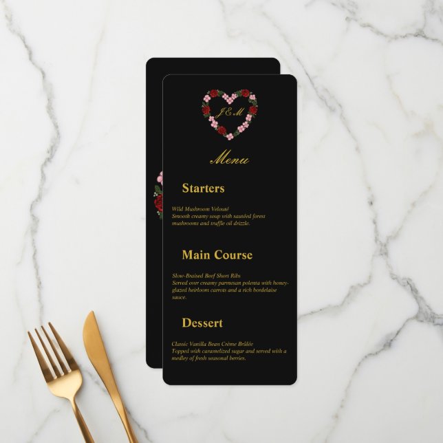 Menu de mariage noir coeur floral (Frente/Verso In Situ)