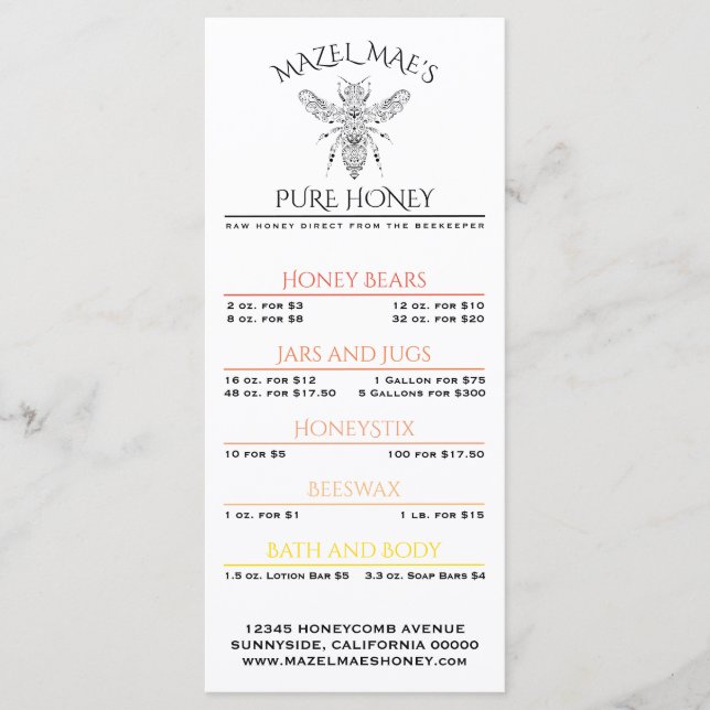 Menu de Mel de Apiário Personalizado (Frente)