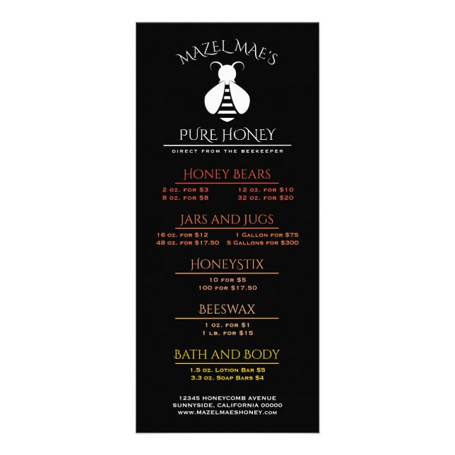 Menu de Mel de Apiário Personalizado Abelha (Frente)