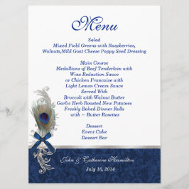 Menu de Mesa de Casamento de Folhas Azuis e Pavão