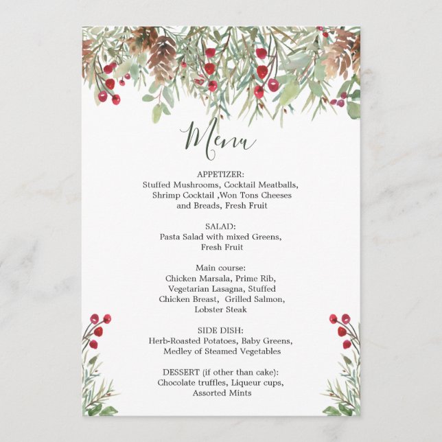 Menu de Natal do Winter Greenery Wedding (Frente)