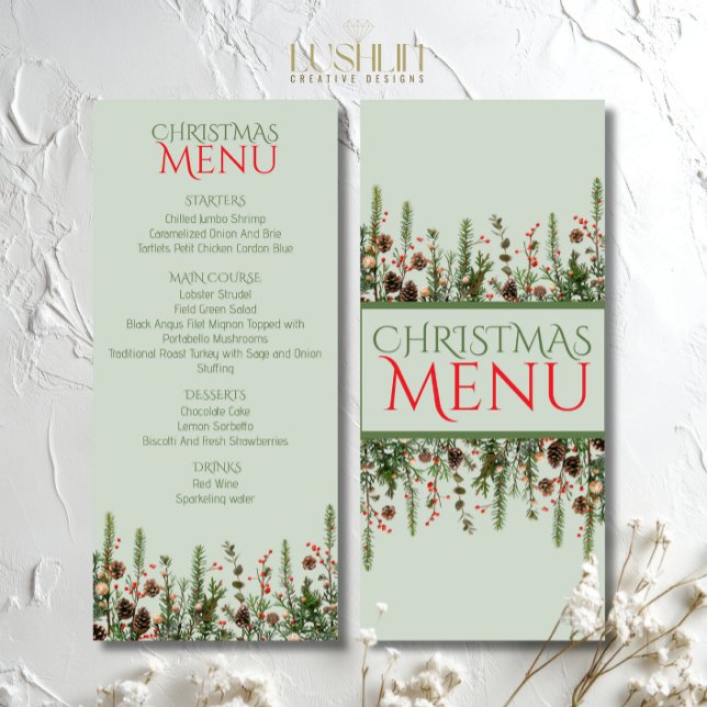 Menu de Natal Elegante de Foliagem de Festa (Criador carregado)