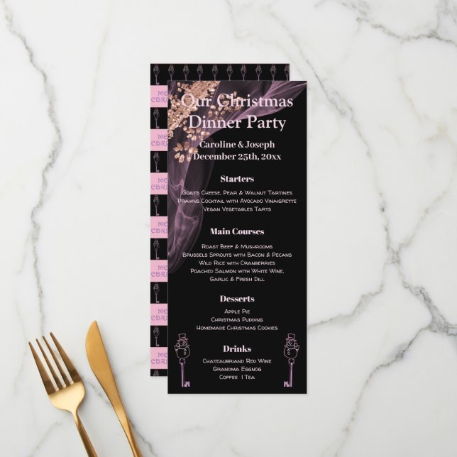 Menu de Natal Preto e Dourado Rosa com Boneco de N (Frente/Verso In Situ)
