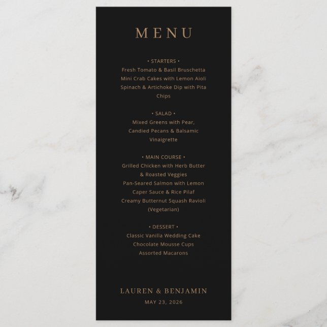 Menu de Noiva Preto Elegante com Dourado (Frente)