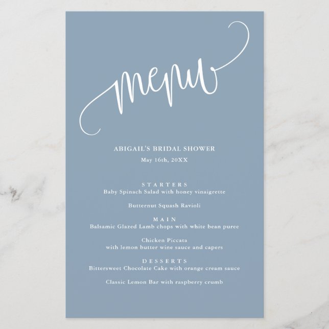 Menu de Papel Azul empoeirado com Caligração Minim (Frente)