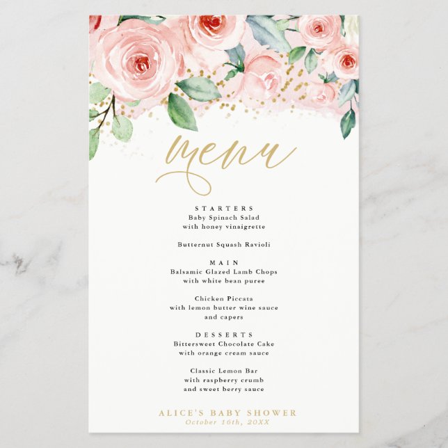 Menu de papel Janto de eventos planos rosa e Doura (Frente)