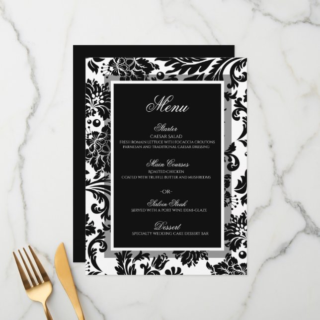Menu de plano personalizado de casamento preto e b (Frente/Verso In Situ)