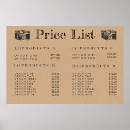 Menu de Preços de Fotógrafo da Câmera Kraft Poster