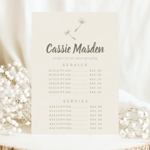 Menu de Preços do Serviço Botânico Rústico de Seme