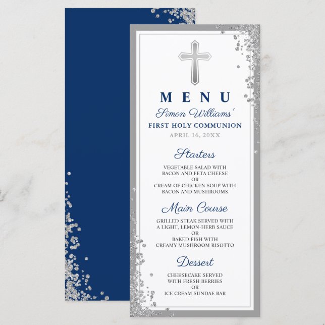 Menu de Primeira Comunhão Marinho Azul da Glitter  (Frente/Verso)
