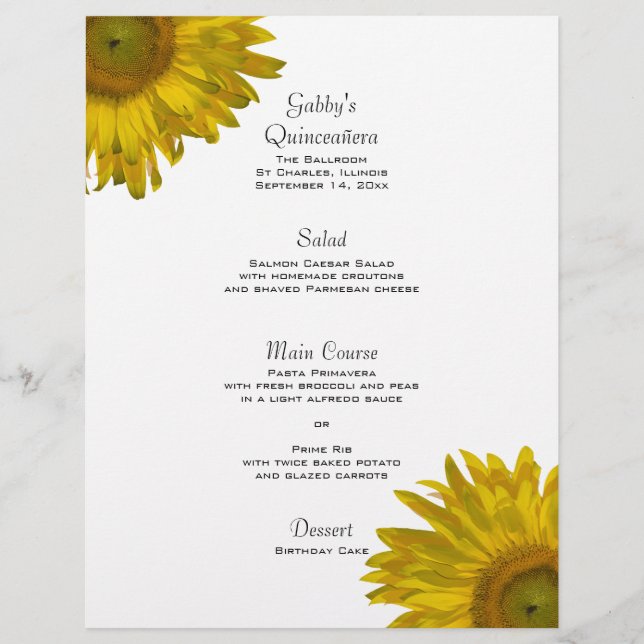 Menu de Quinceanera de girassol amarelo (Frente)