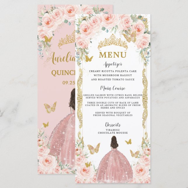 Menu de Quinceañera, Rosa vestido Dourado, Cor-de- (Frente/Verso)