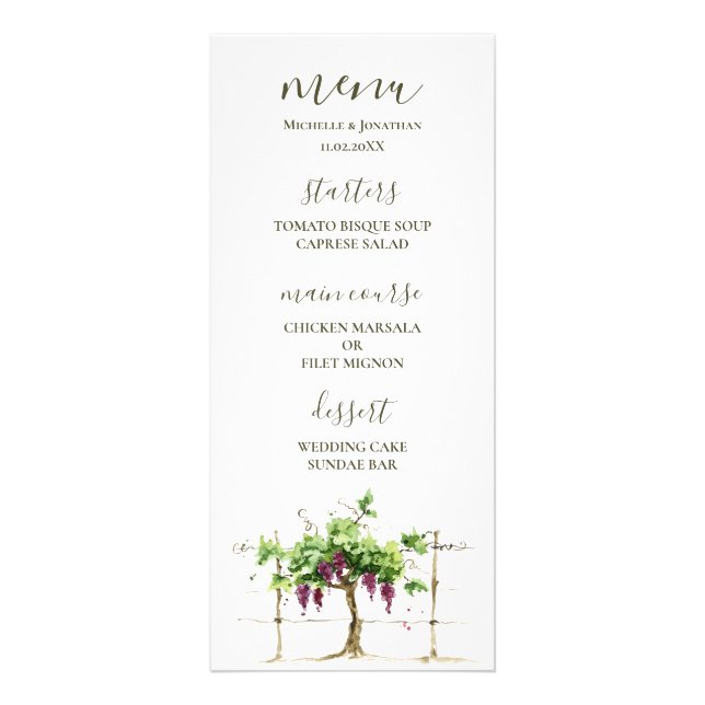 Menu de Recepção de casamento da Paso Robles Viney (Frente)