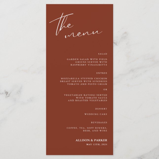 Menu de Recepção de casamento de Script Minimalist (Frente)